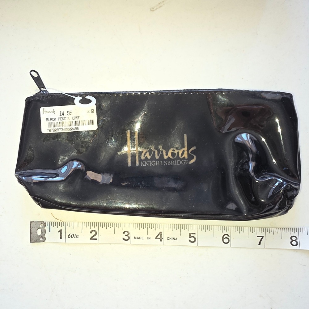Harrods Knightsbridge Black Patent Pencil/makeup Cosmetic Pouch Gold Logo NWT